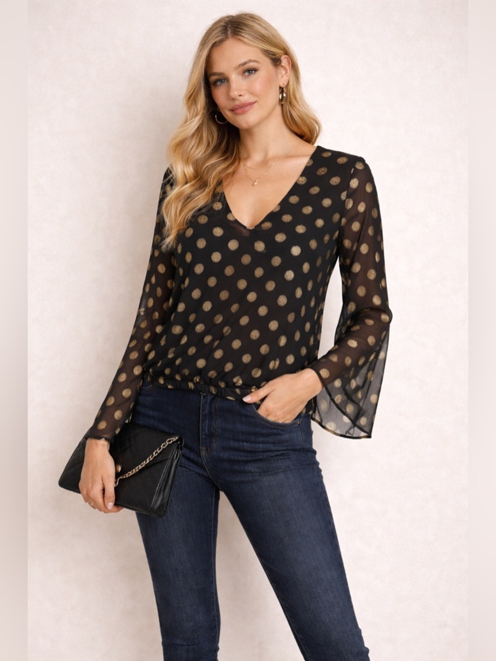 Show Me Your MuMu Black Gold Polka Dot Sheer Blouse Small V Neck Top